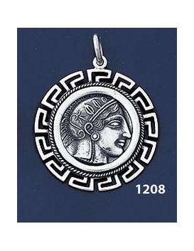1208 Goddess Athena Coin Pendant with Greek Key Pattern / Meander (L)