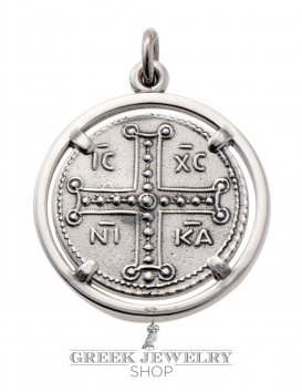 Byzantine silver crucifix coin Pendant. Sterling silver Jesus Christ pendant with Byzantium coin