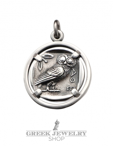 Athens Tetradrachm Goddess Athena & Owl of Wisdom Silver Pendant with Meander 