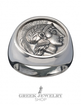 Goddess Athena Thourion - Large silver inspirational Greek coin ring (XL)
