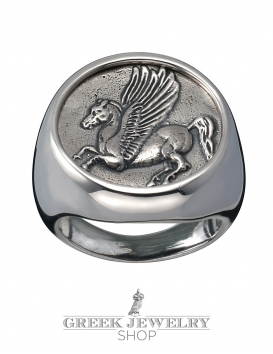 1137 Large Mens Pegasus coin ring. Coin jewellery from Greek mythology