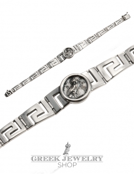 1157 Greek Key / Meander Silver Bracelet with Owl of Wisdom Coin