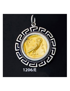 1206/E Large Owl Of Wisdom Coin Pendant with Greek Key Pattern