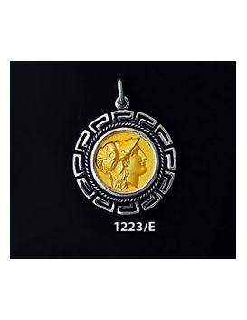 1223/E Medium Helmetted Athena Coin Pendant with Greek Key Pattern (Gold Plated)
