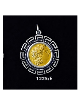 1225/E Medium Alexander The Great (Lysimachos) Coin Pendant with Greek Key Pattern ( Gold Plated)