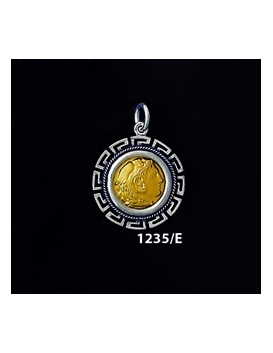 1235/E Small Alexander The Great (Hercules) Coin Pendant with Greek Key Pattern (Gold Plated)